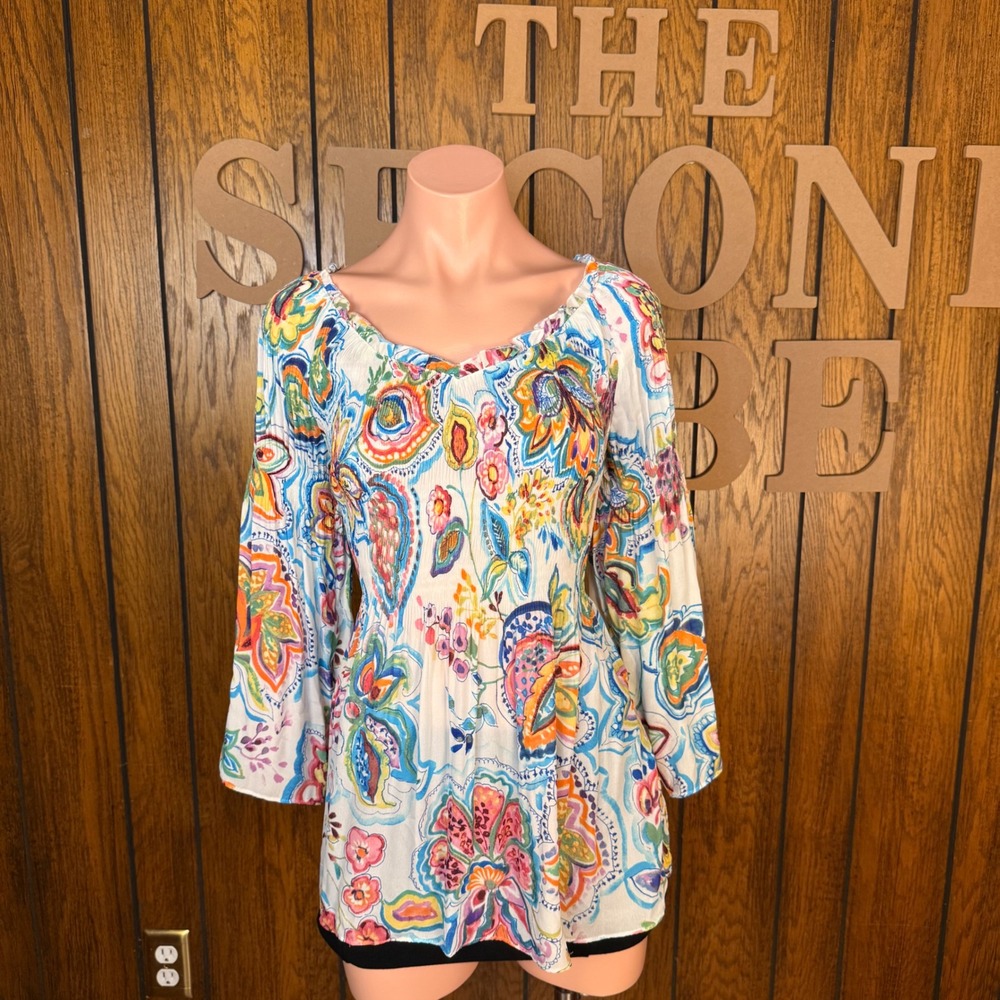 Spense Peplum Blouse Womens Medium Multi Color Paisley Floral Smocked Boho Top
